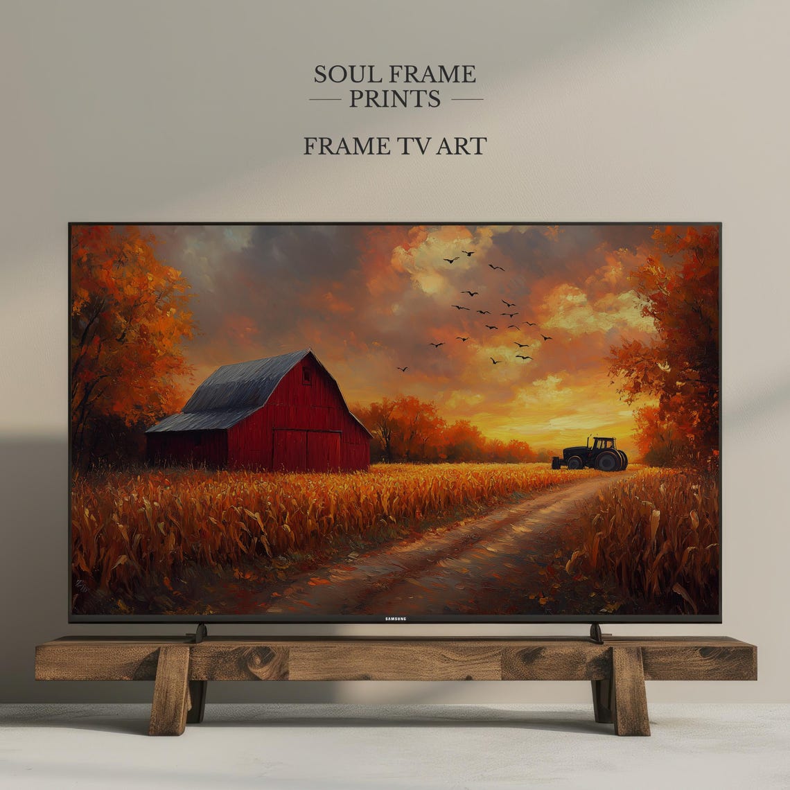 Autumn Harvest Farm Red Barn Sunset Cornfield Tractor Frame TV Poster