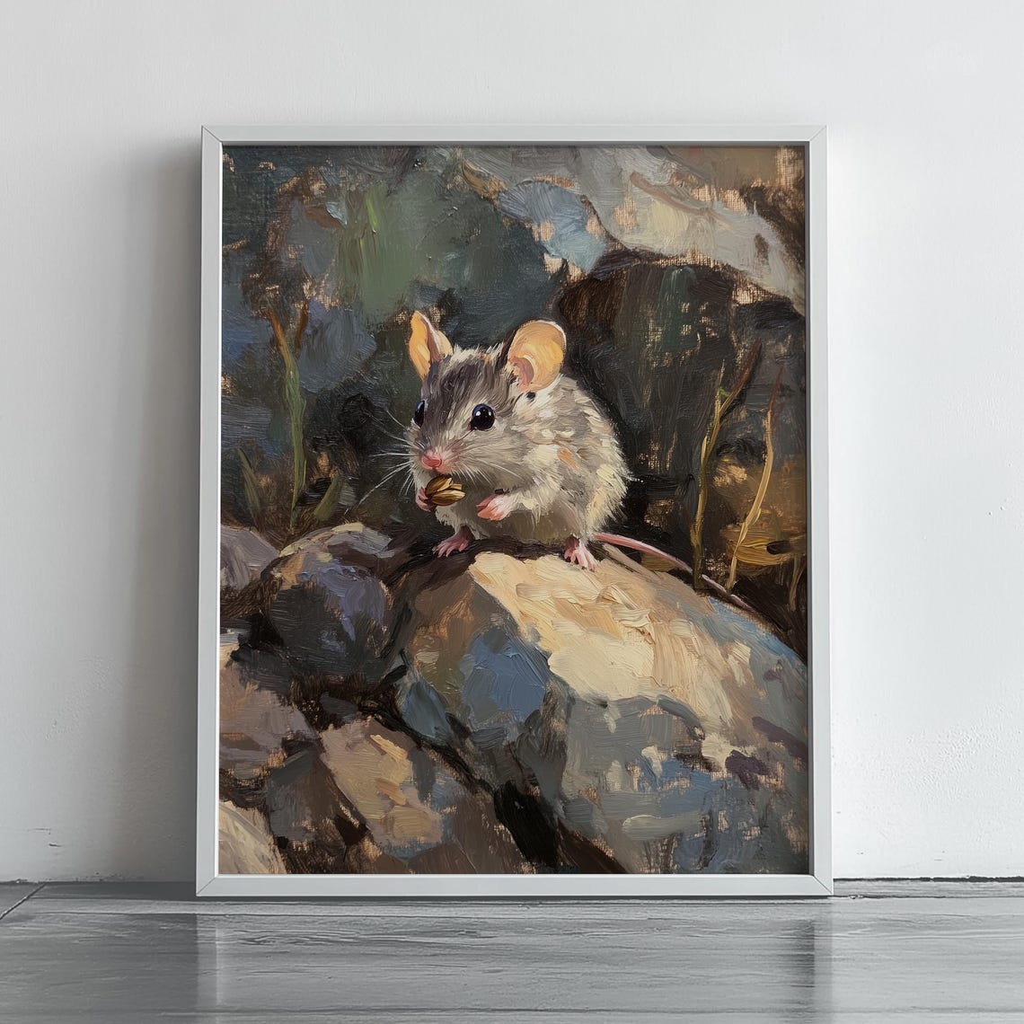 Field Mouse Nibbling Snack on Rocks Rustic Oil Painting Poster