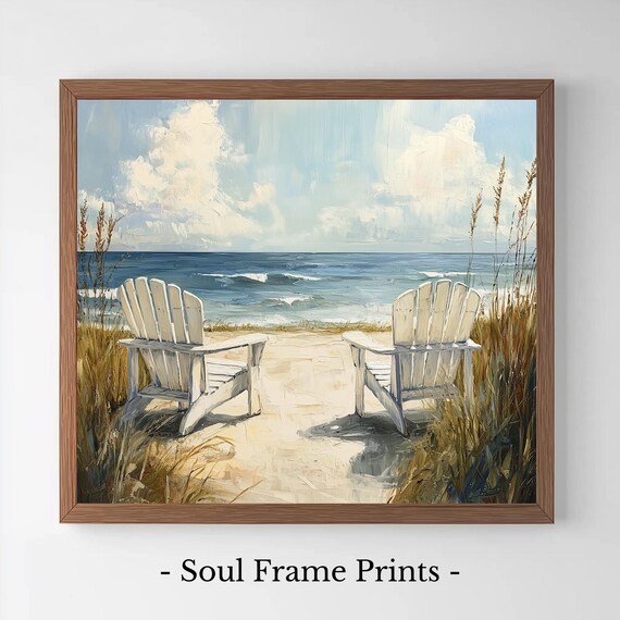 Adirondack Chairs on the Beach Rustic Coastal Seascape Poster