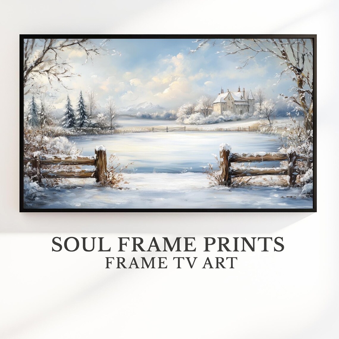 Snowy Countryside With Frozen Lake and Grand Manor Winter Poster