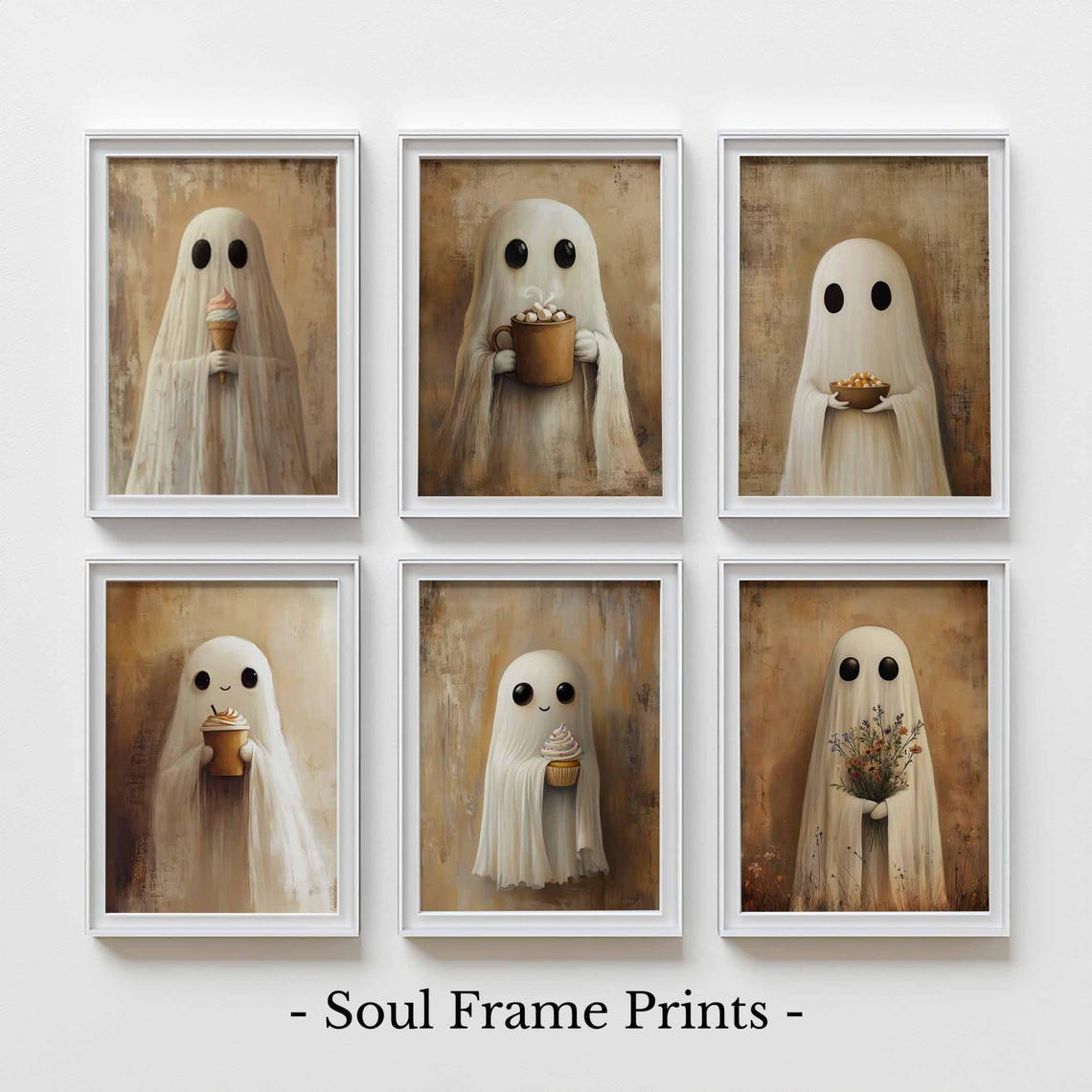 Set of 6 Cute Ghosts with Treats Vintage Halloween Gallery Wall Poster