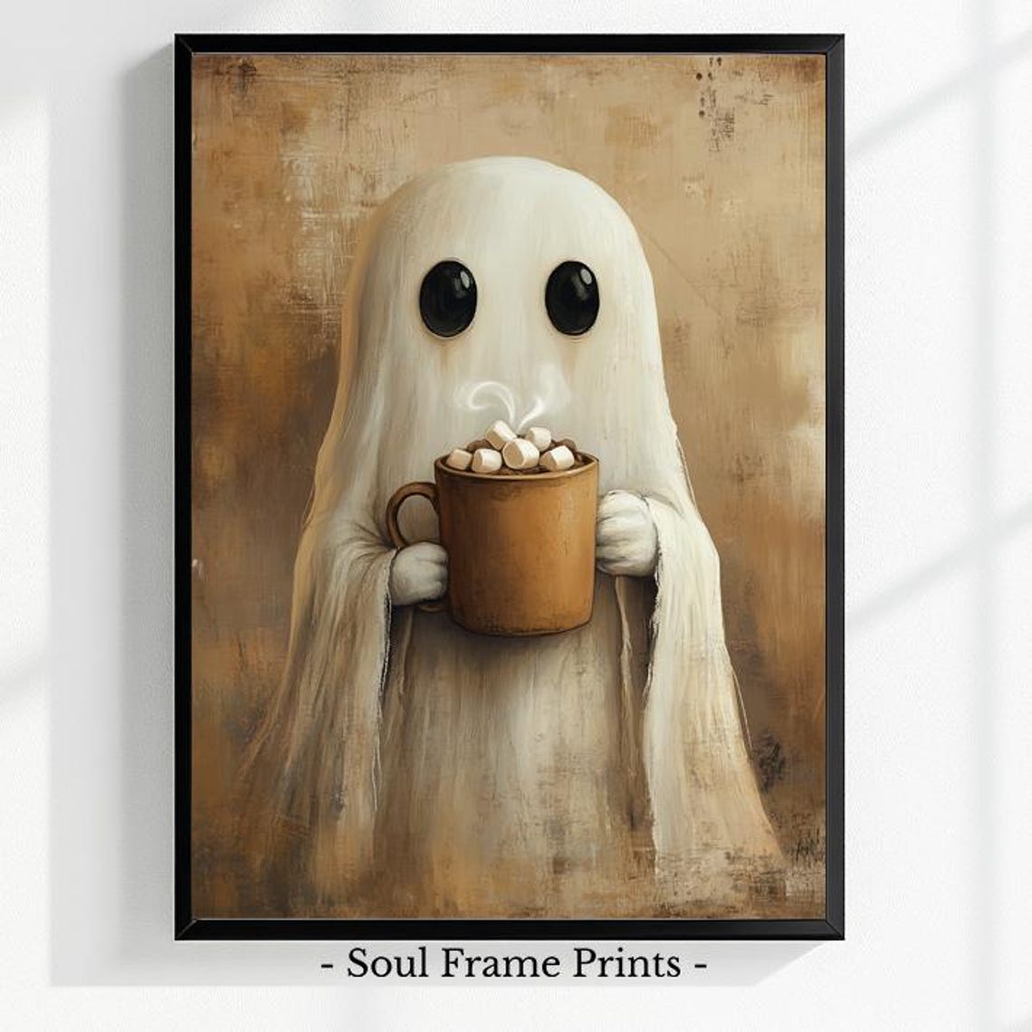Wall Art Halloween Print Cute Spooky Artwork Cozy Fall Decor Whimsical Hot Cocoa Mug Illustration Seasonal Home Decoration 550
