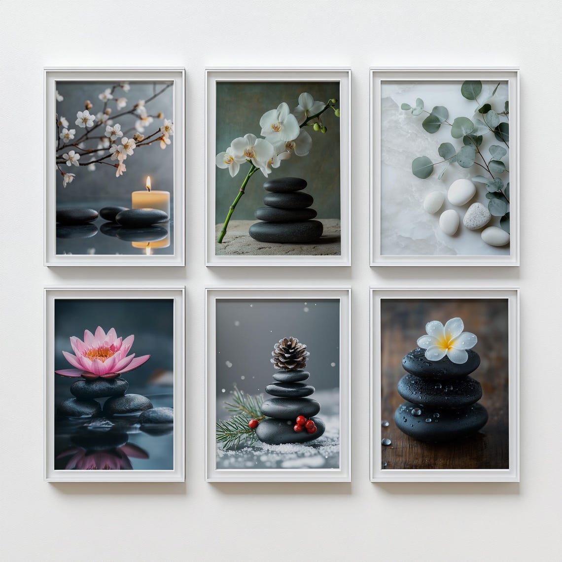 Zen Spa Poster Set Of Six With Stacked Stones Candles And Flowers