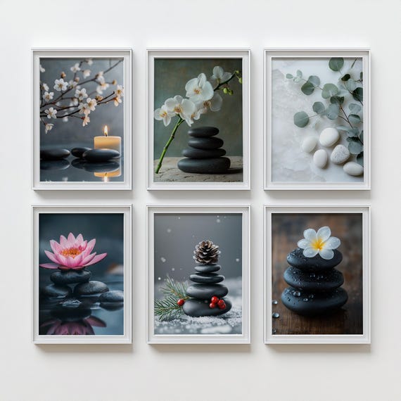 Zen Spa Poster Set Of Six With Stacked Stones Candles And Flowers