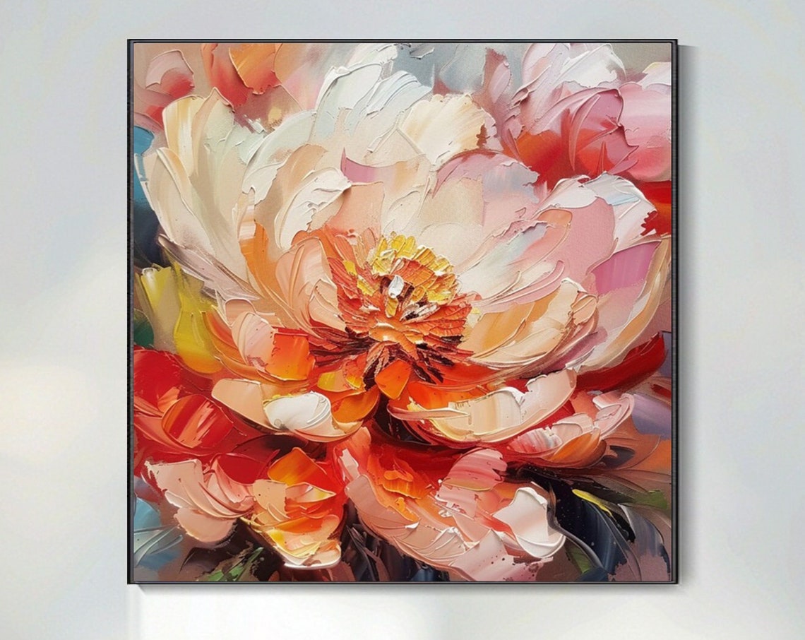 Coral Pink Peony Bloom Macro Palette Knife Floral Painting Poster