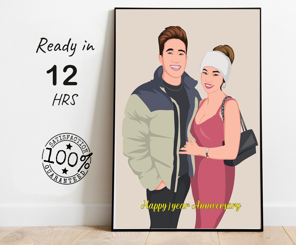 Couple Custom Color Portrait Happy 1 Year Anniversary Gold Poster