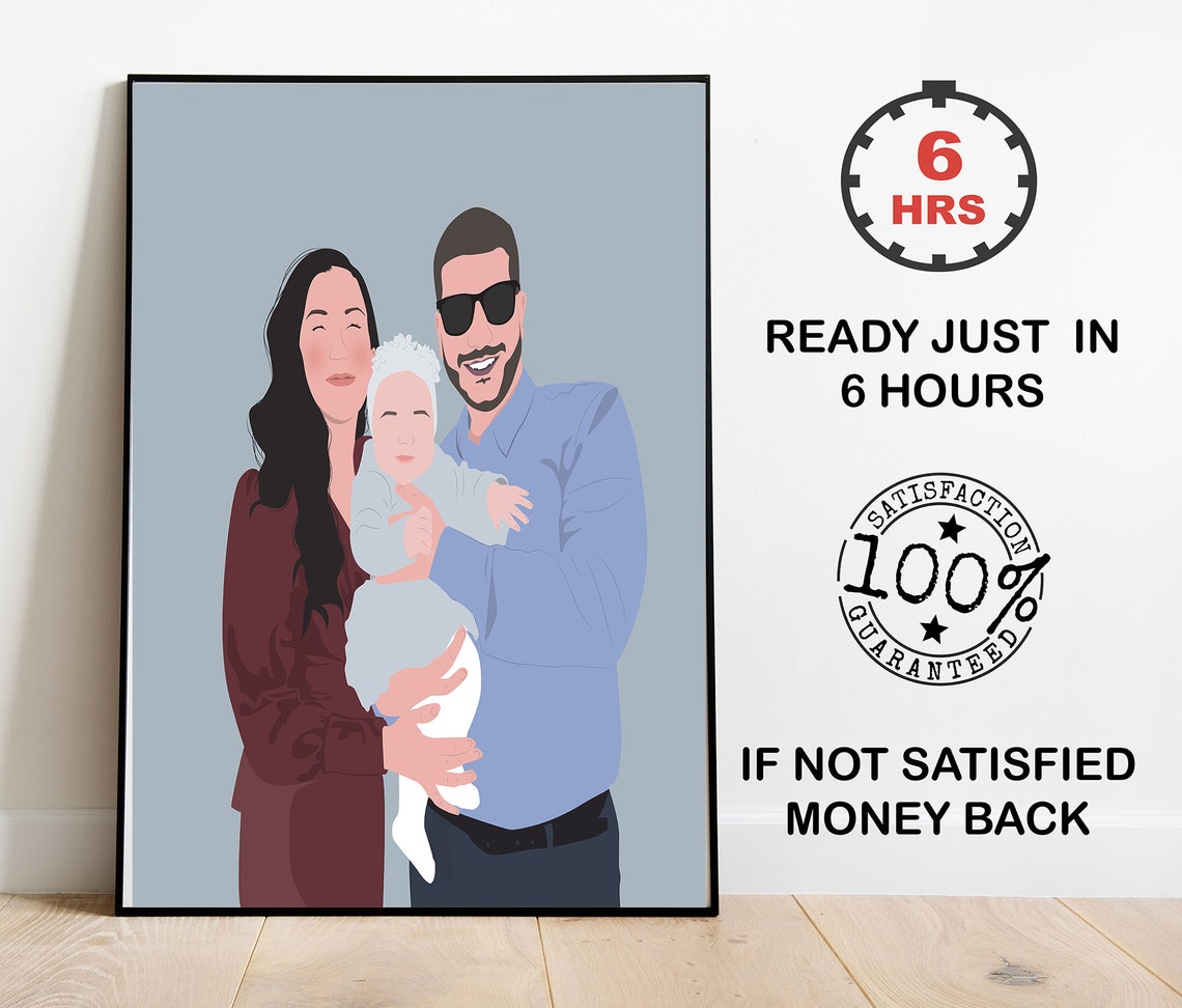 Faceless Family Vector Portrait With Baby on Blue Gray Poster