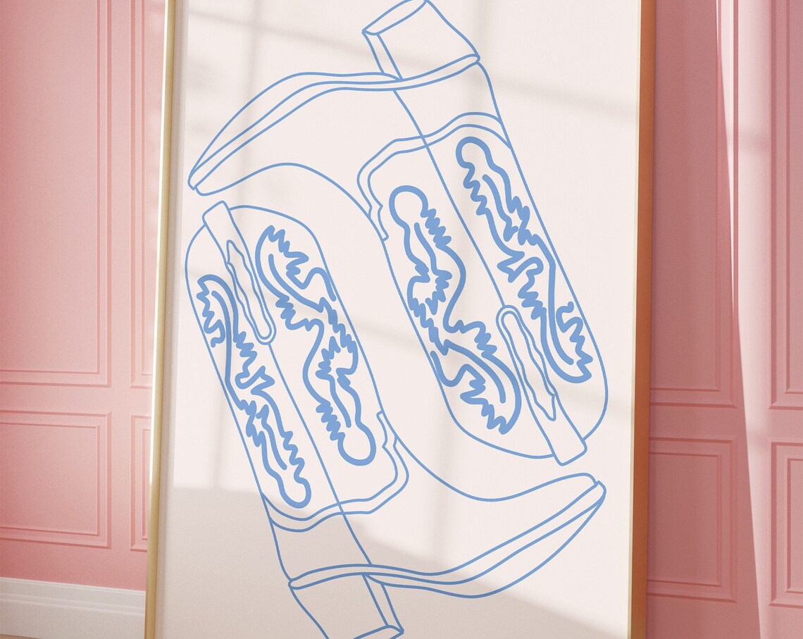 Blue Line Art Cowboy Boots Pair Minimalist Western Coastal Poster - Image 2