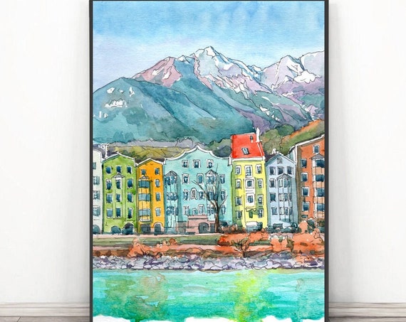 Innsbruck Austria Watercolor Travel Poster, Europe Skyline