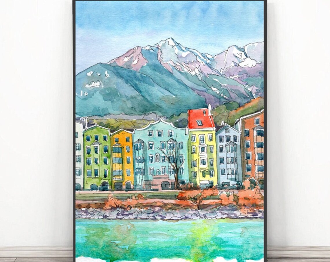 Innsbruck Austria Watercolor Travel Poster, Europe Skyline