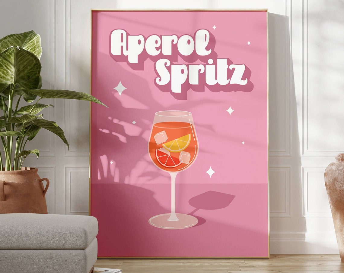 Aperol Spritz Pink Retro Cocktail Bar Vintage Party Kitchen Wall Art