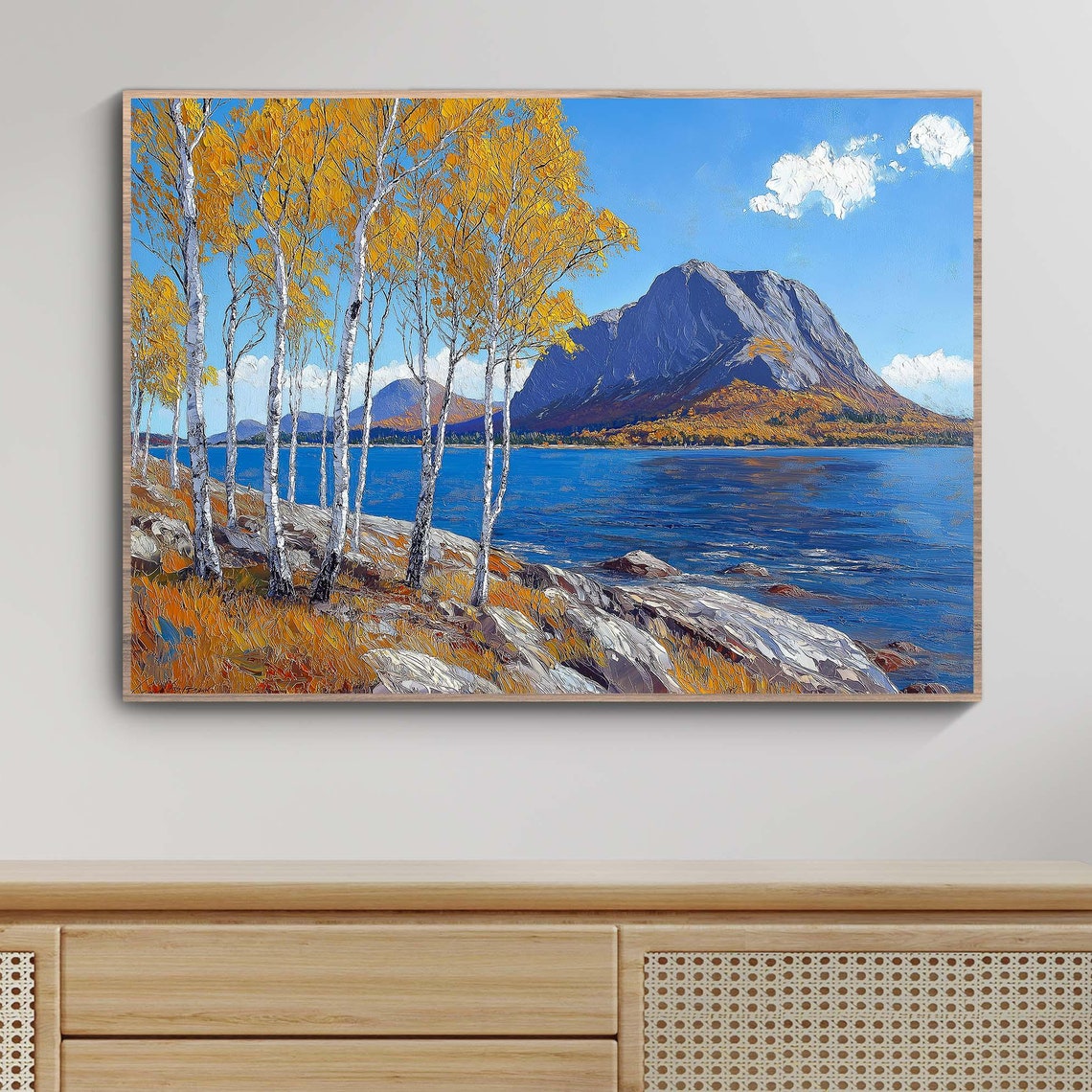 Golden Autumn Birch Trees Lakeside Mountain Landscape Poster