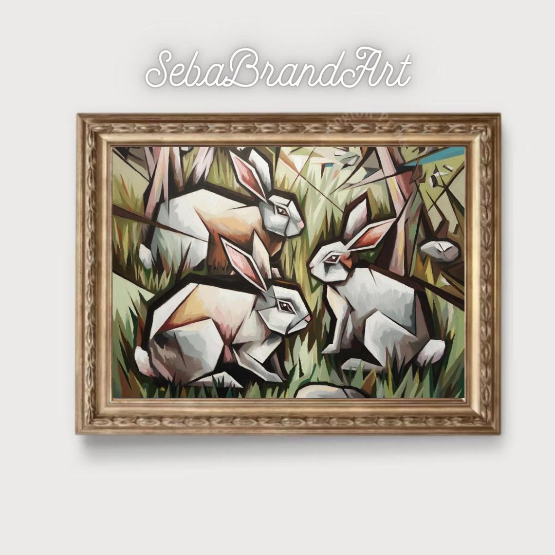 Pablo Picasso Style The Fragmented Harmony Cubist Masterpiece Abstract Rabbits In A Geometric Landscape - Image 2