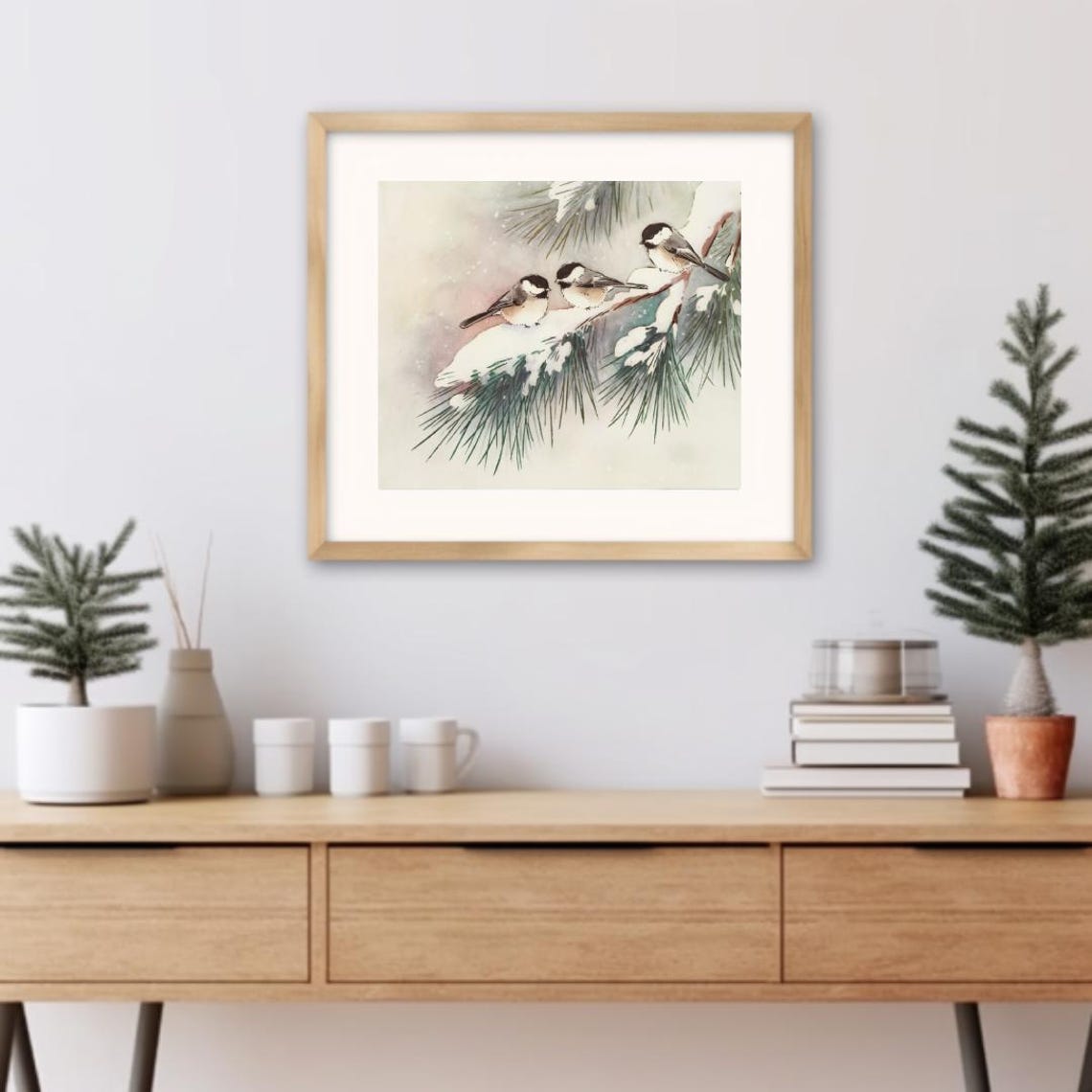 Three Chickadees On Snow Covered Pine Branch Watercolor Bird Art Print - Image 3