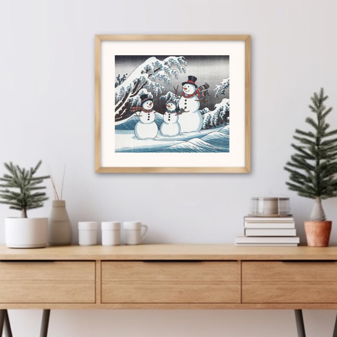 Snowman Family In Snowy Mountains Japanese Ukiyo E Holiday Art Poster - Image 3
