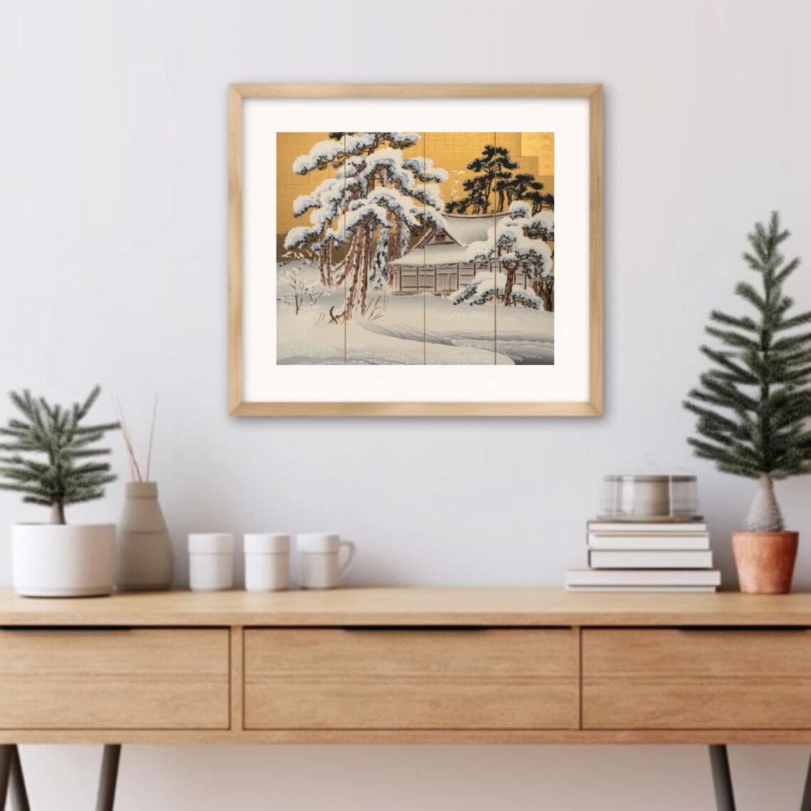 Snow Covered Japanese House Among Pines Gold Leaf Winter Art Poster - Image 3