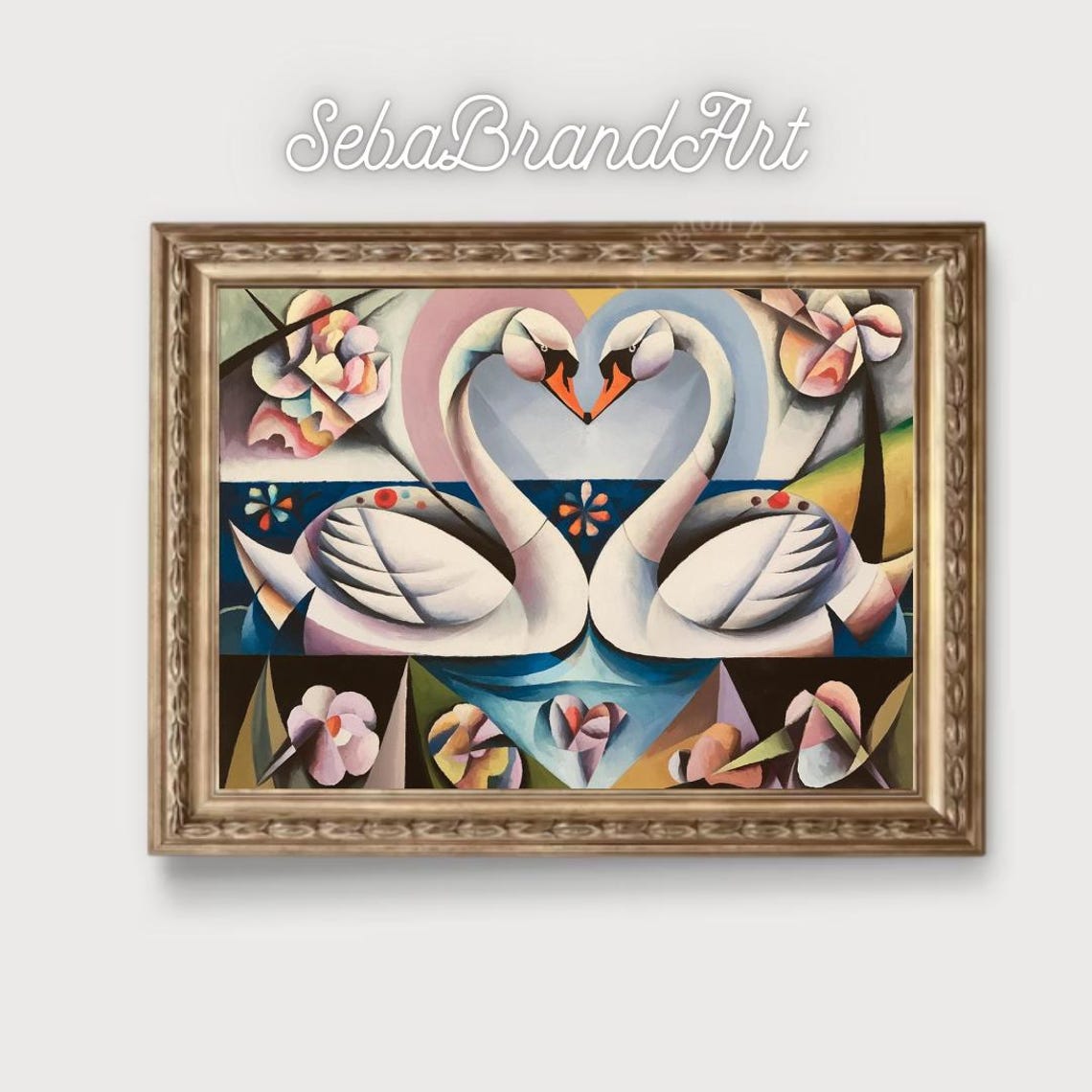 Picasso Style Swan Love Heart Art Cubist Expressionism With Bold Colors Instant For Modern Art Decor - Image 2