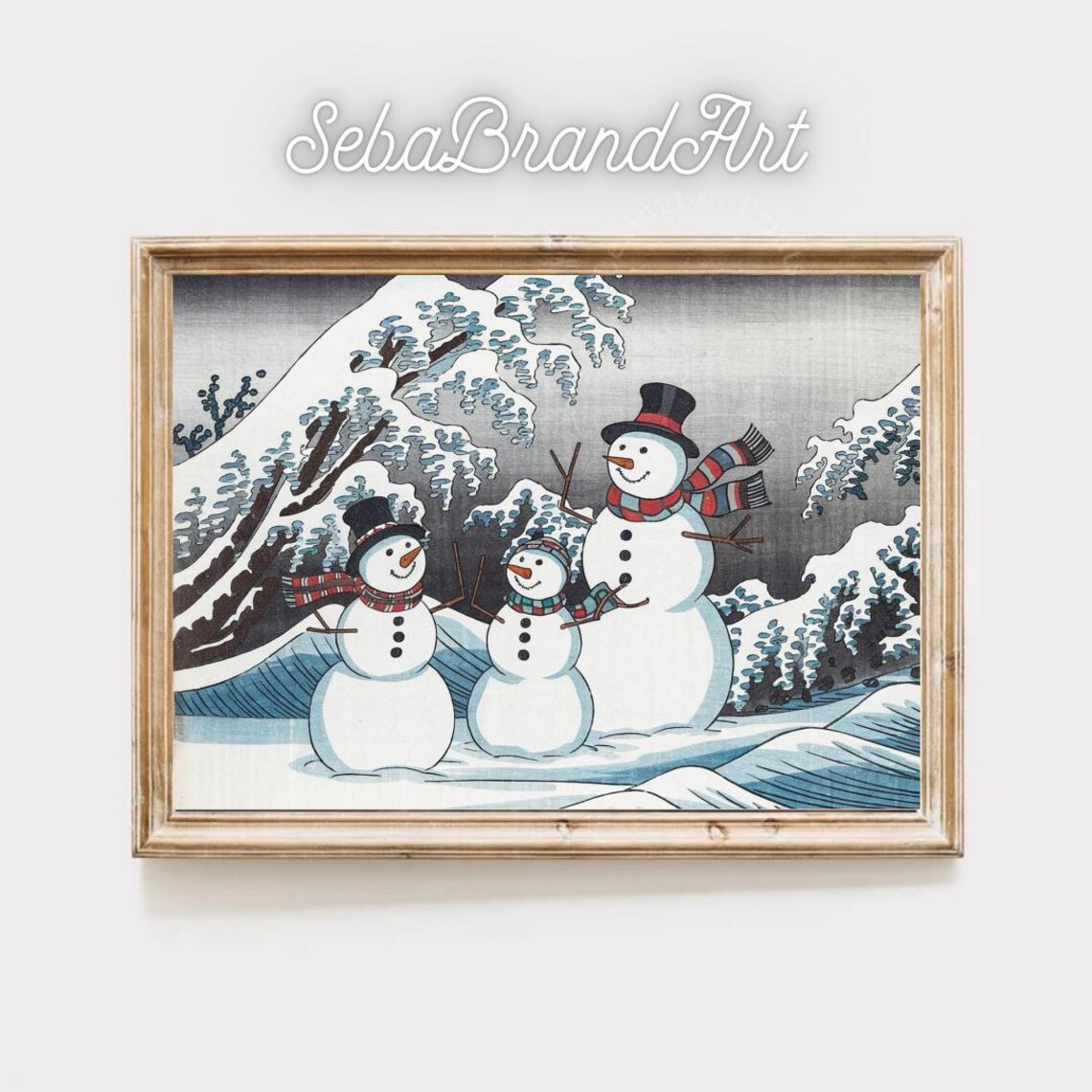 Snowman Family In Snowy Mountains Japanese Ukiyo E Holiday Art Poster