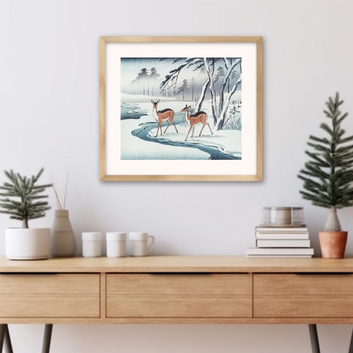 Two Spotted Deer By A Winding Snowy Stream Japanese Winter Art Poster - Image 3