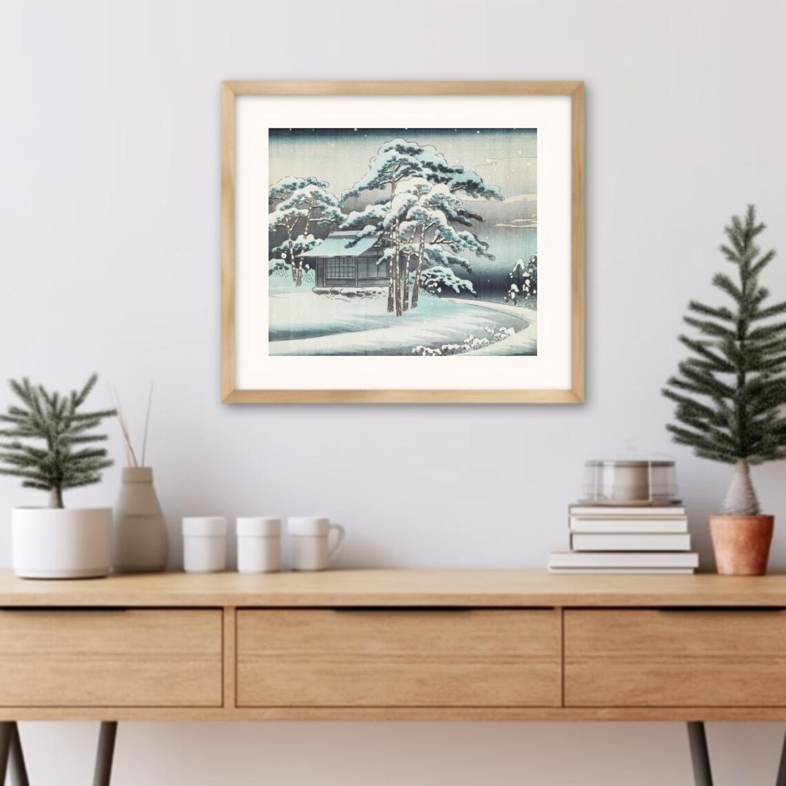 Snow Covered Japanese Cottage Among Snowy Pines Ukiyo E Art Poster - Image 3