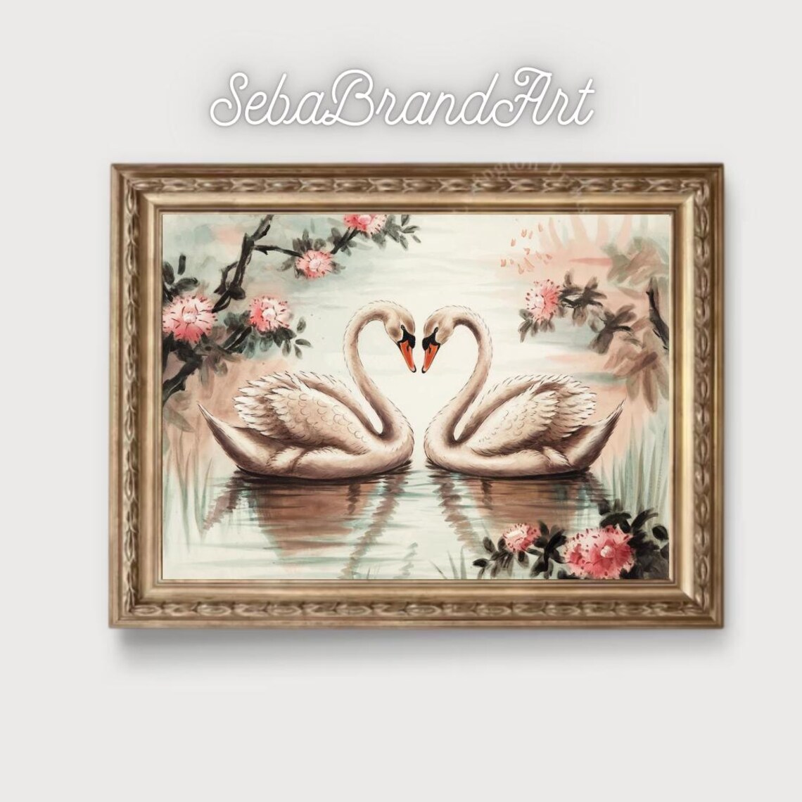 Two Swans Forming A Heart Among Pink Blossoms Chinese Style Poster - Image 2