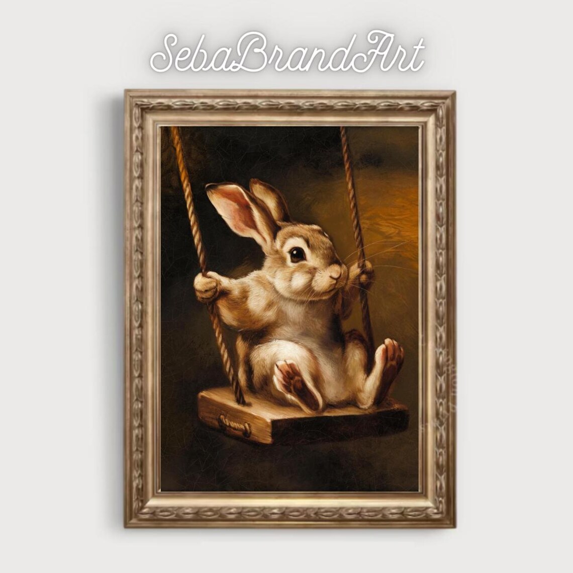 Bunny On A Wooden Swing Baroque Style Rabbit Portrait Art Poster - Image 2