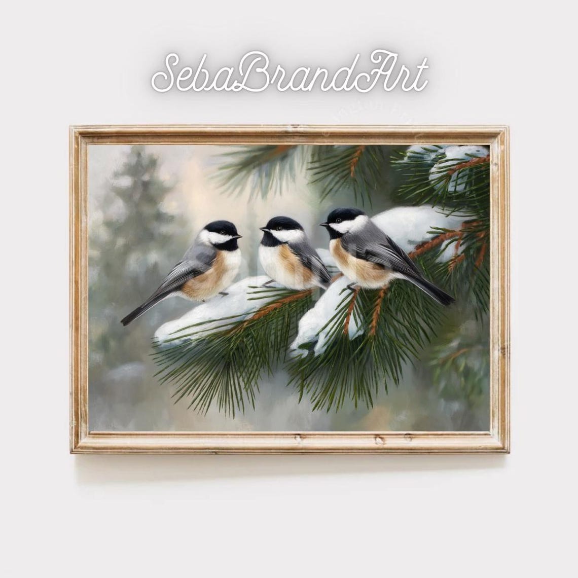 Chickadees On Snowy Evergreen Branch Winter Bird Art Gift Poster