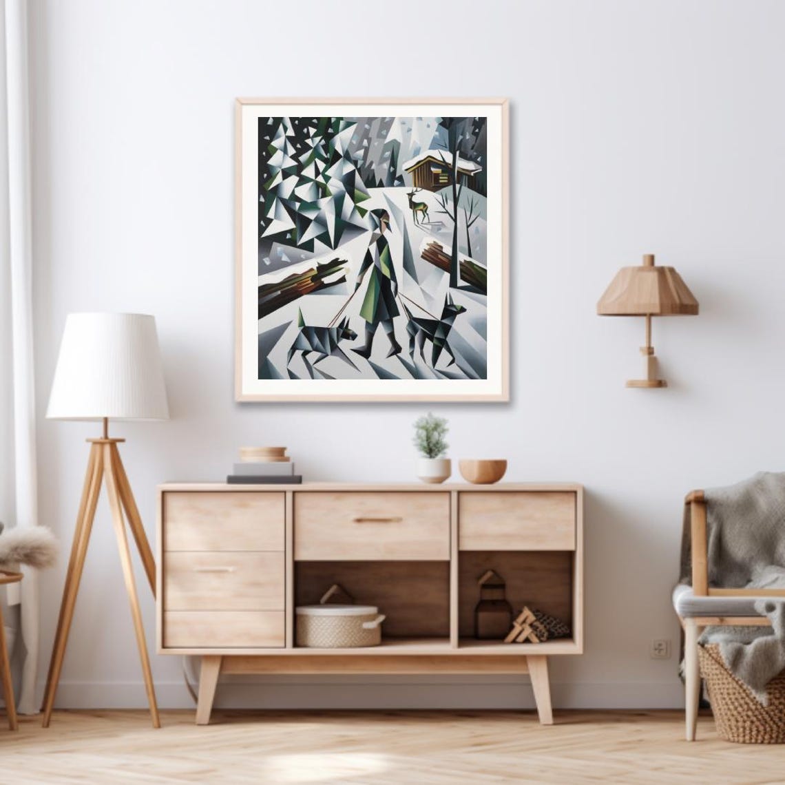 Cubist Figure Walking Two Dogs On A Snowy Forest Path Winter Poster - Image 3