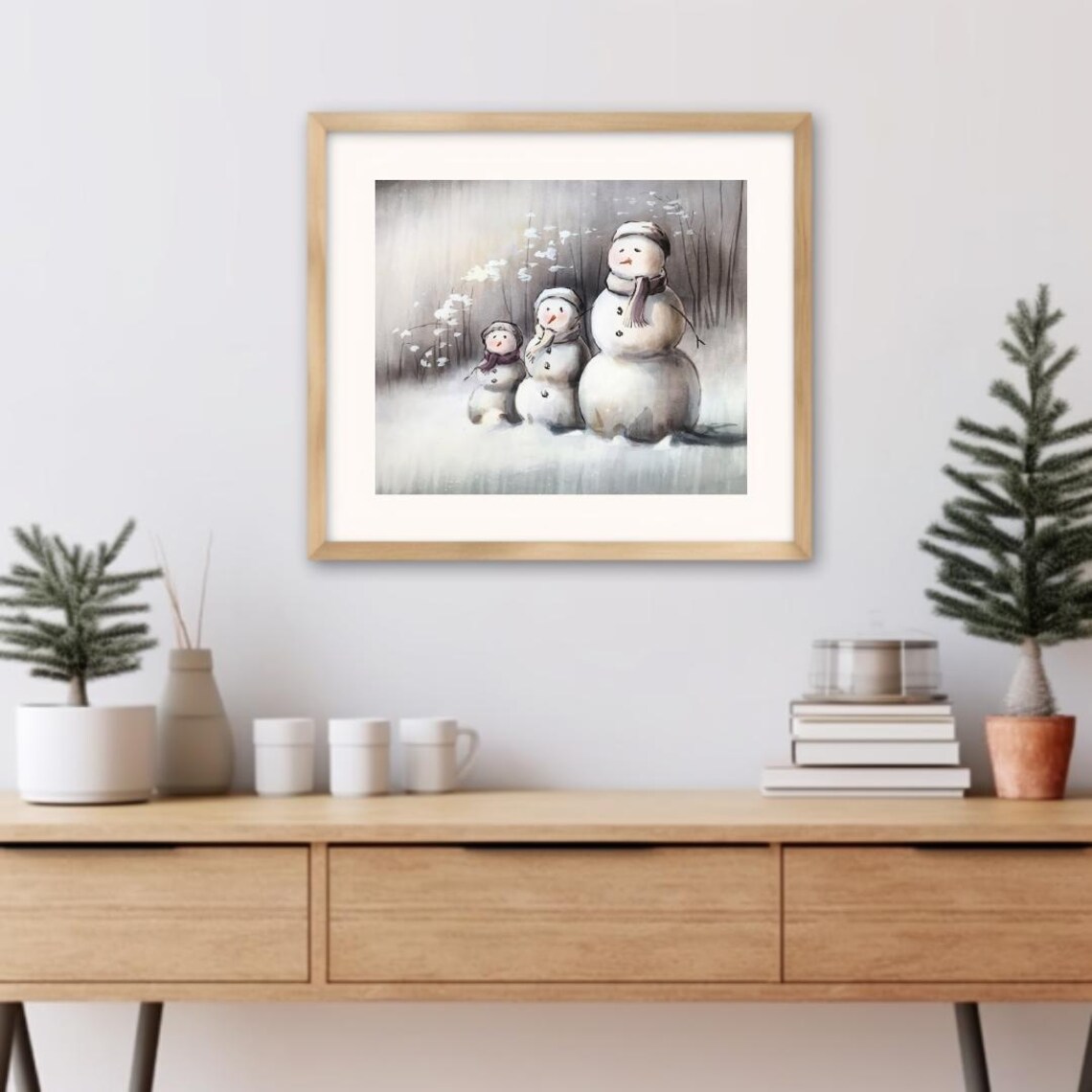 Three Snowmen Family In A Soft Falling Snow Winter Scene Poster - Image 3
