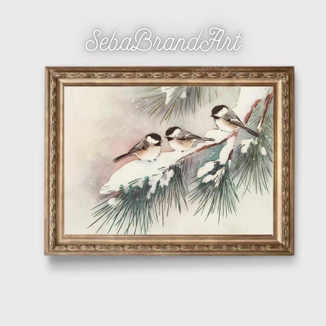 Three Chickadees On Snow Covered Pine Branch Watercolor Bird Art Print - Image 2