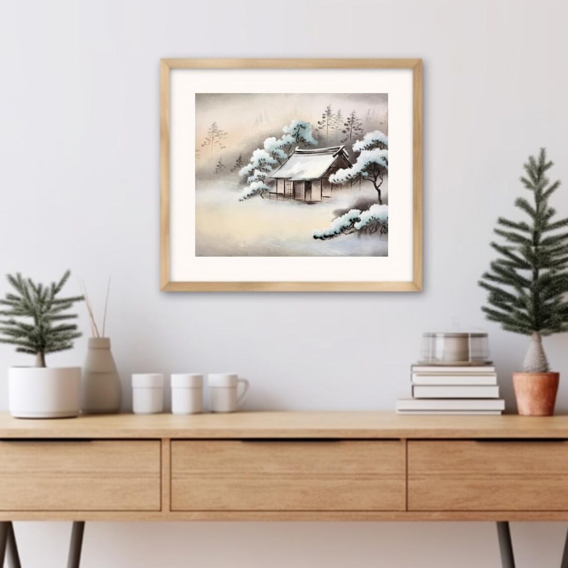 Japanese Nihonga Snow Covered Cottage In A Misty Winter Forest Poster - Image 3