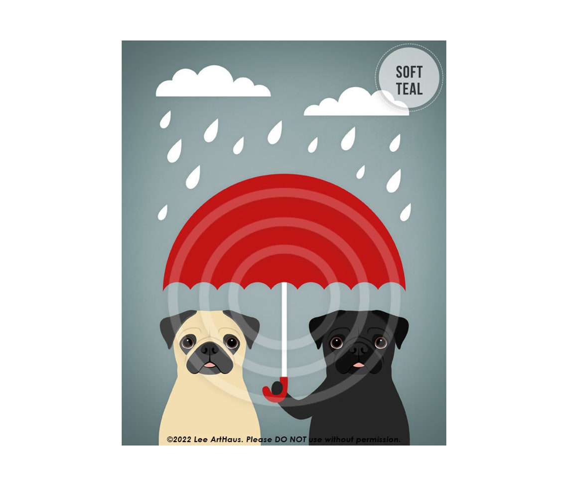 Two Pugs Under Red Umbrella in Rain Cute Funny Dog Art Print Poster - Image 4