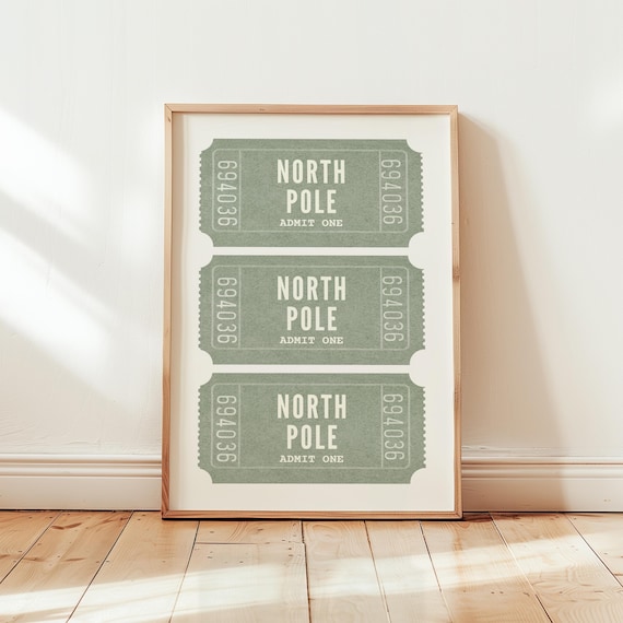 Vintage Green North Pole Admit One Ticket Holiday Christmas Print