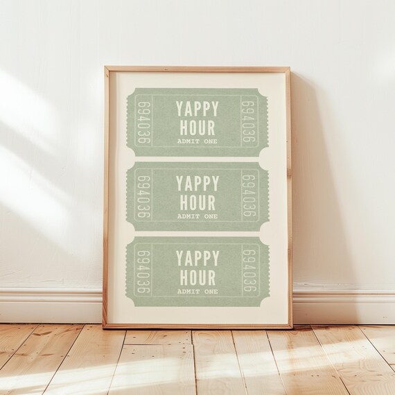 Yappy Hour Admit One Ticket Wall Art Sage Green Bar Cart Decor