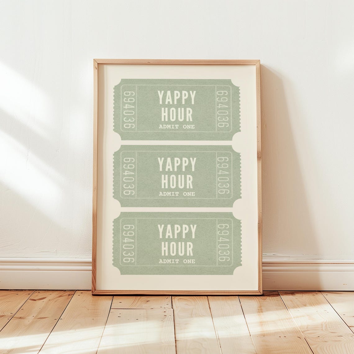 Yappy Hour Admit One Ticket Wall Art Sage Green Bar Cart Decor