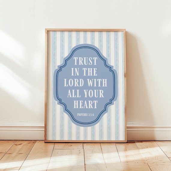 Blue Christian Wall Art Striped Print Proverbs Bible Verse Poster Trendy Scripture Artwork For Nursery Bedroom Or Living Room