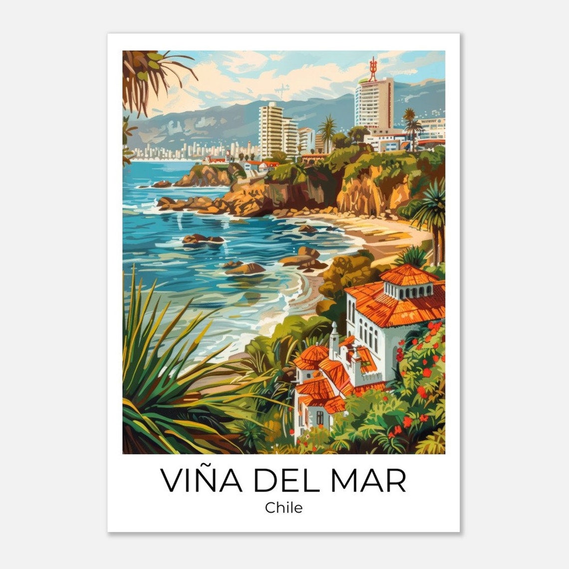 Viña del Mar Chile Illustrated Rocky Coast and Cliffside Villas Poster - Image 3