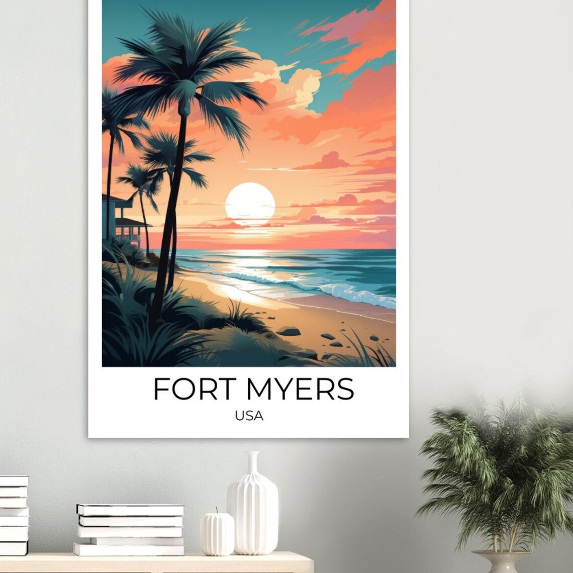 Fort Myers Beach Sunset Palms Vintage Florida Travel Art Poster - Image 4