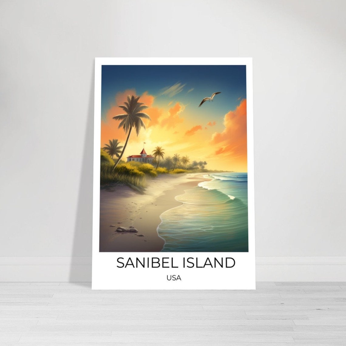 Sanibel Island Florida Sunset Beach Palm Waves Seashell Travel Poster