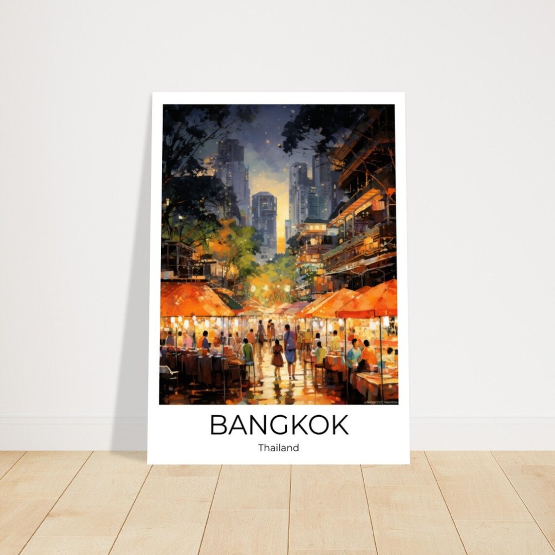 Bangkok Thailand Night Market Street Umbrellas Travel Poster