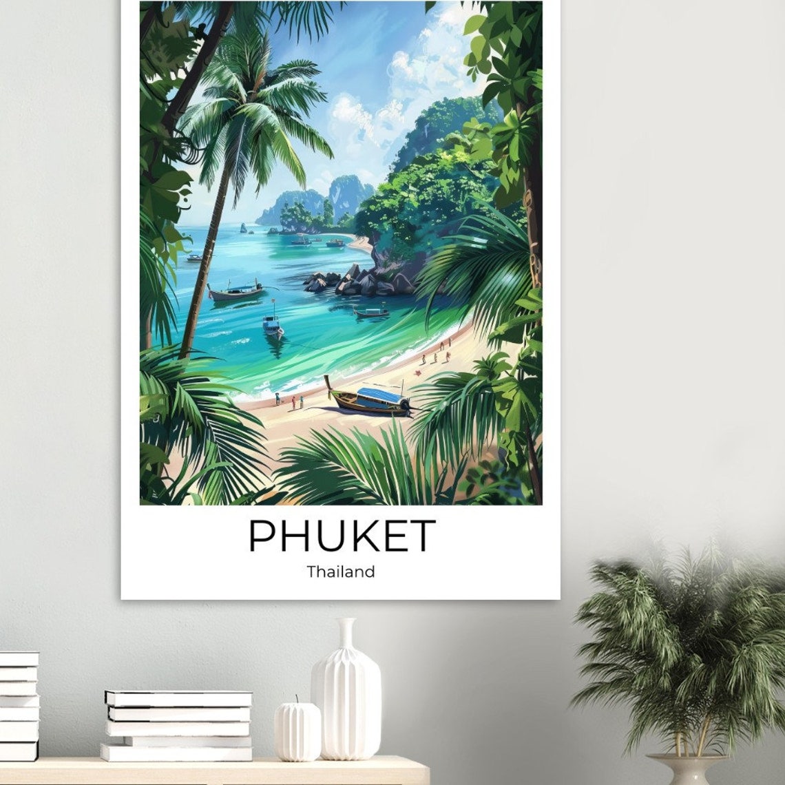 Phuket Thailand Tropical Bay Longtail Boats Palm Trees Poster - Image 4