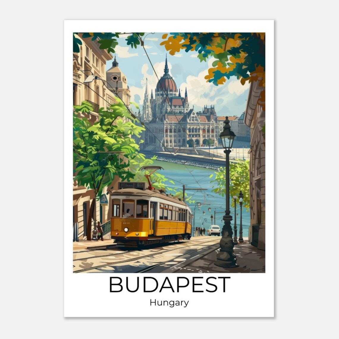 Budapest Hungary Yellow Tram Parliament Riverside Scene Poster