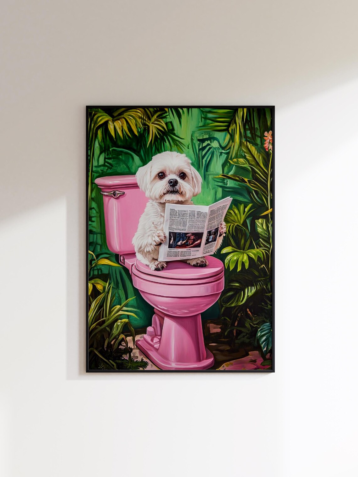 Maltese Dog Reading Newspaper on Pink Toilet Funny Bathroom Poster - Image 2
