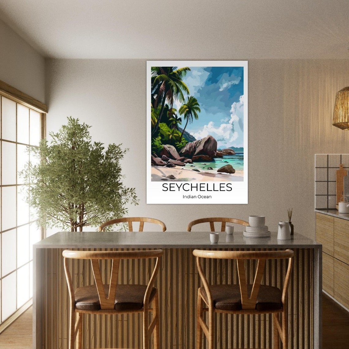 Seychelles Indian Ocean Tropical Beach Palm Watercolor Travel Poster - Image 2