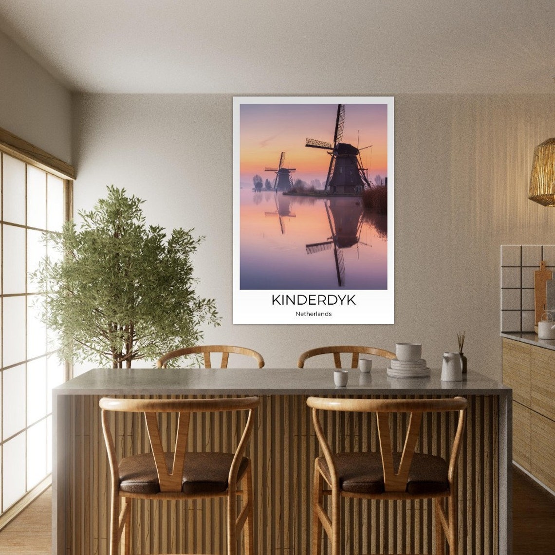 Kinderdijk Netherlands Windmills Sunrise Reflection Travel Poster - Image 2