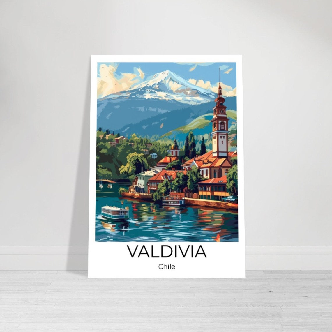 Valdivia Chile Riverside Clock Tower Snowy Volcano Travel Poster