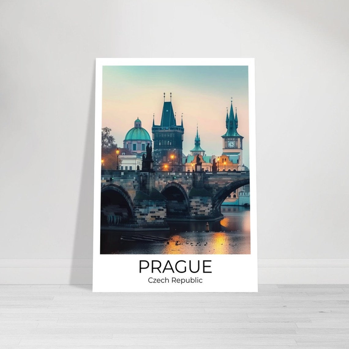 Prague Czech Republic Charles Bridge Dusk Lights River Poster - Image 3