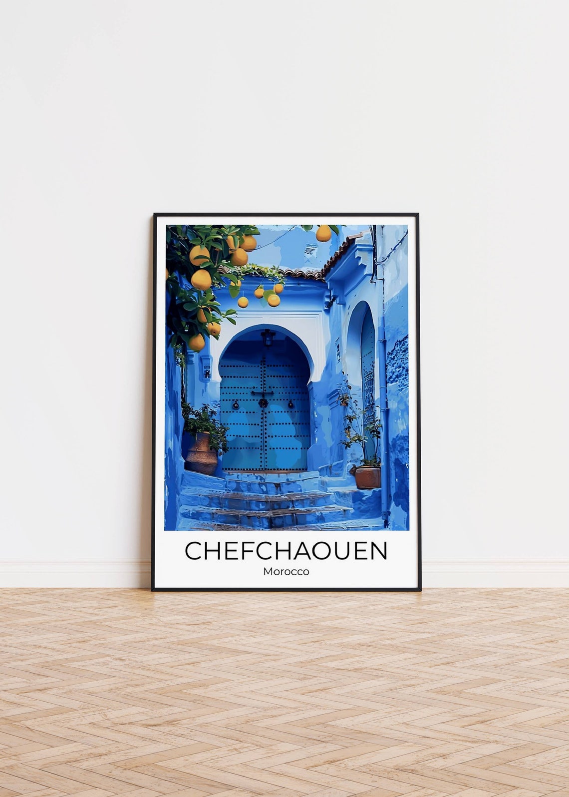 Chefchaouen Morocco Travel Poster Blue City Door Lemon Tree Scene Art - Image 3