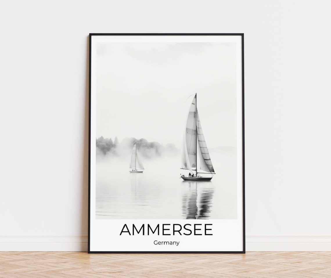Ammersee Germany Misty Lake With Sailboats in Black and White Poster