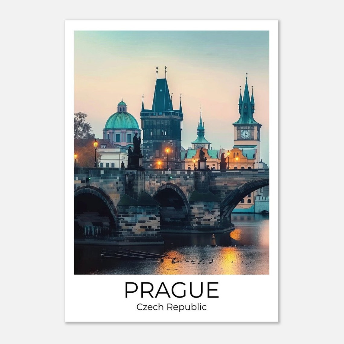 Prague Czech Republic Charles Bridge Dusk Lights River Poster
